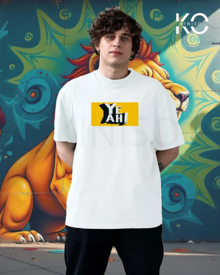 Image of White color drop shoulder graffiti printed t-shirts with Yeah design for hip hop lovers front side