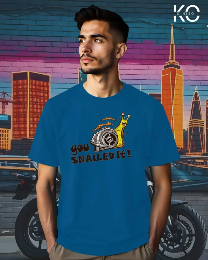 Image of Ocean Blue Color Motorcycle t-shirts featuring graphics of You Snailed it for bike riders & adventure seekers