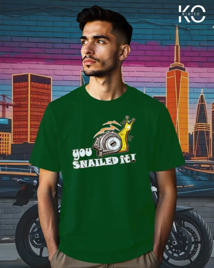 Image of Bottle Green Color Motorcycle t-shirts featuring graphics of You Snailed it for bike riders & adventure seekers