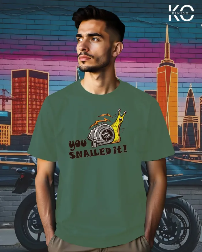 Image of Pastel Green Color Motorcycle t-shirts featuring graphics of You Snailed it for bike riders & adventure seekers