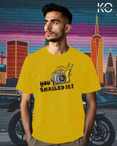 Image of Yellow Color Motorcycle t-shirts featuring graphics of You Snailed it for bike riders & adventure seekers