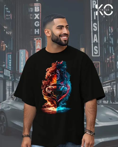 image of Black Drop Shoulder Car in Smoke Printed t-shirt For Men