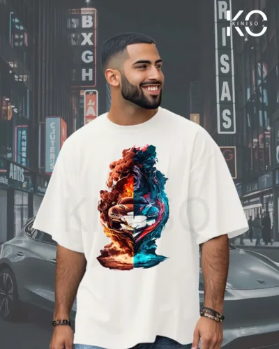 image of white Drop Shoulder Car in Smoke Printed t-shirt For Men