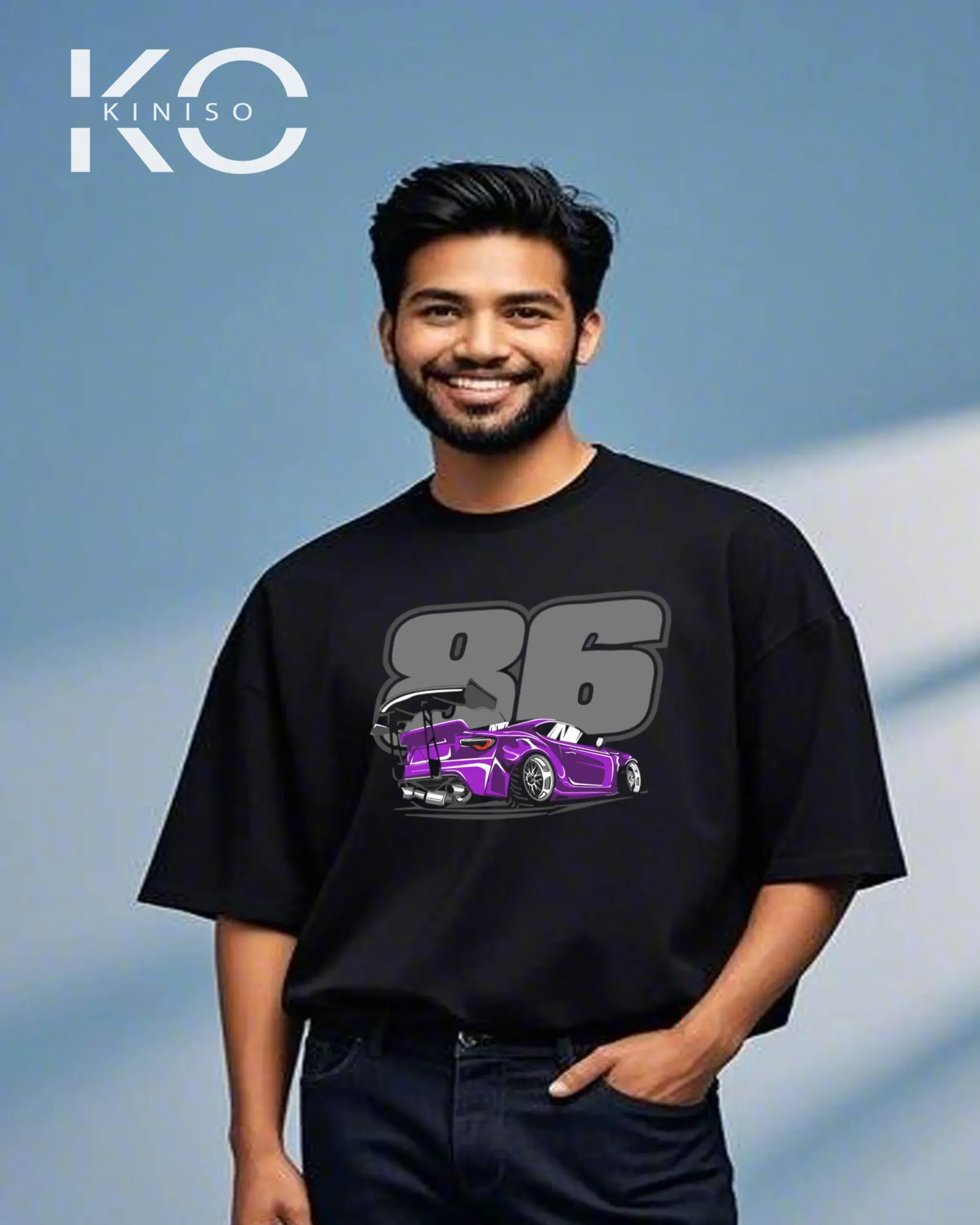 Image of Kiniso Black Color 86 Racing Car Print Drop Shoulder T-Shirt for Car Lovers