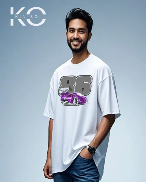 Image of Kiniso White Color 86 Racing Car Print Drop Shoulder T-Shirt for Car Lovers