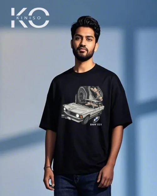 Image of Kiniso Black Color BMW E21 Print Drop Shoulder T-Shirt for Car Lovers