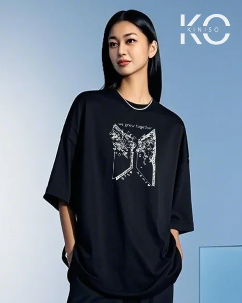 Image of BTS Army Grow Together Printed black color drop shoulder t-shirt for k-pop fan girls in Bangladesh by Kiniso