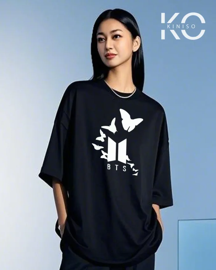 Image of BTS Butterfly Printed Black color drop shoulder t-shirt for k-pop fan girls in Bangladesh by Kiniso