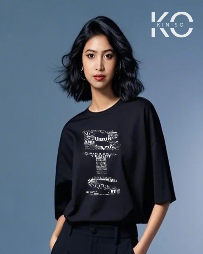 Image of BTS Text Printed black color drop shoulder t-shirt for k-pop fan girls in Bangladesh by Kiniso