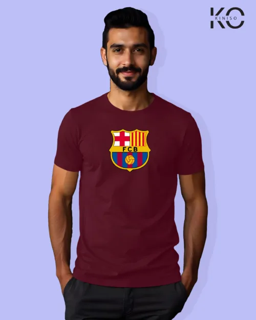 Image of Football inspired design half sleeve t-shirt | Barcelona Logo Maroon