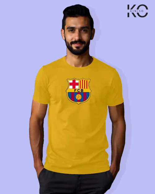 Image of Football inspired design half sleeve t-shirt | Barcelona Logo Yellow