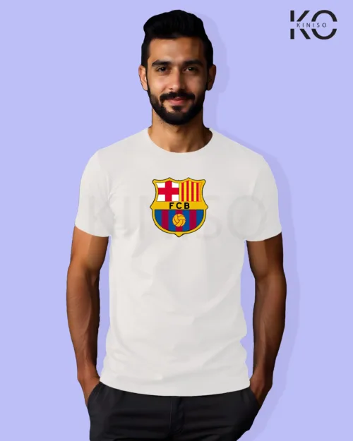 Image of Football inspired design half sleeve t-shirt | Barcelona Logo white