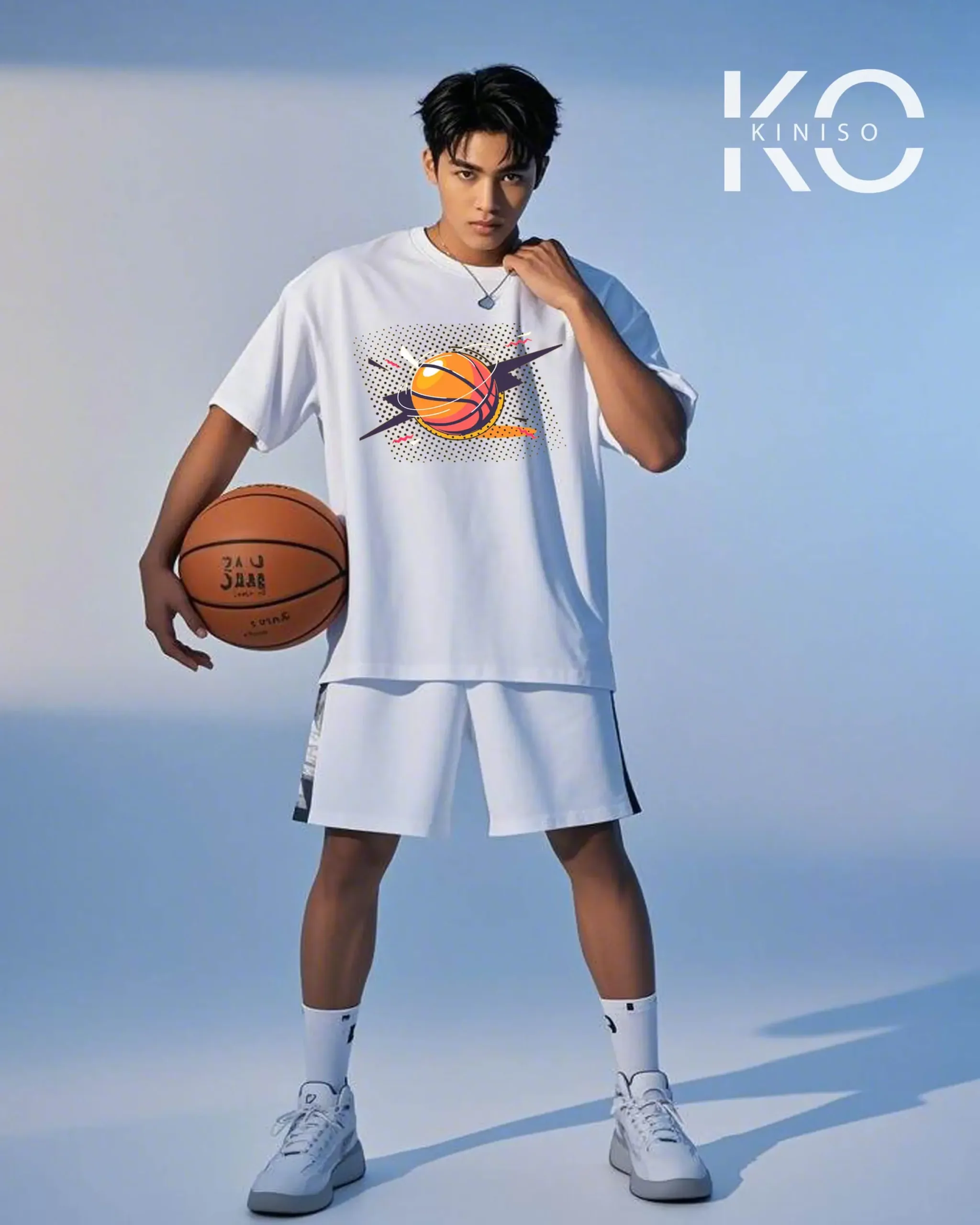 Image of Kiniso White Color Drop Shoulder NBA Themed T-Shirt with Basketball Dots Print For Basketball lovers in Bangladesh