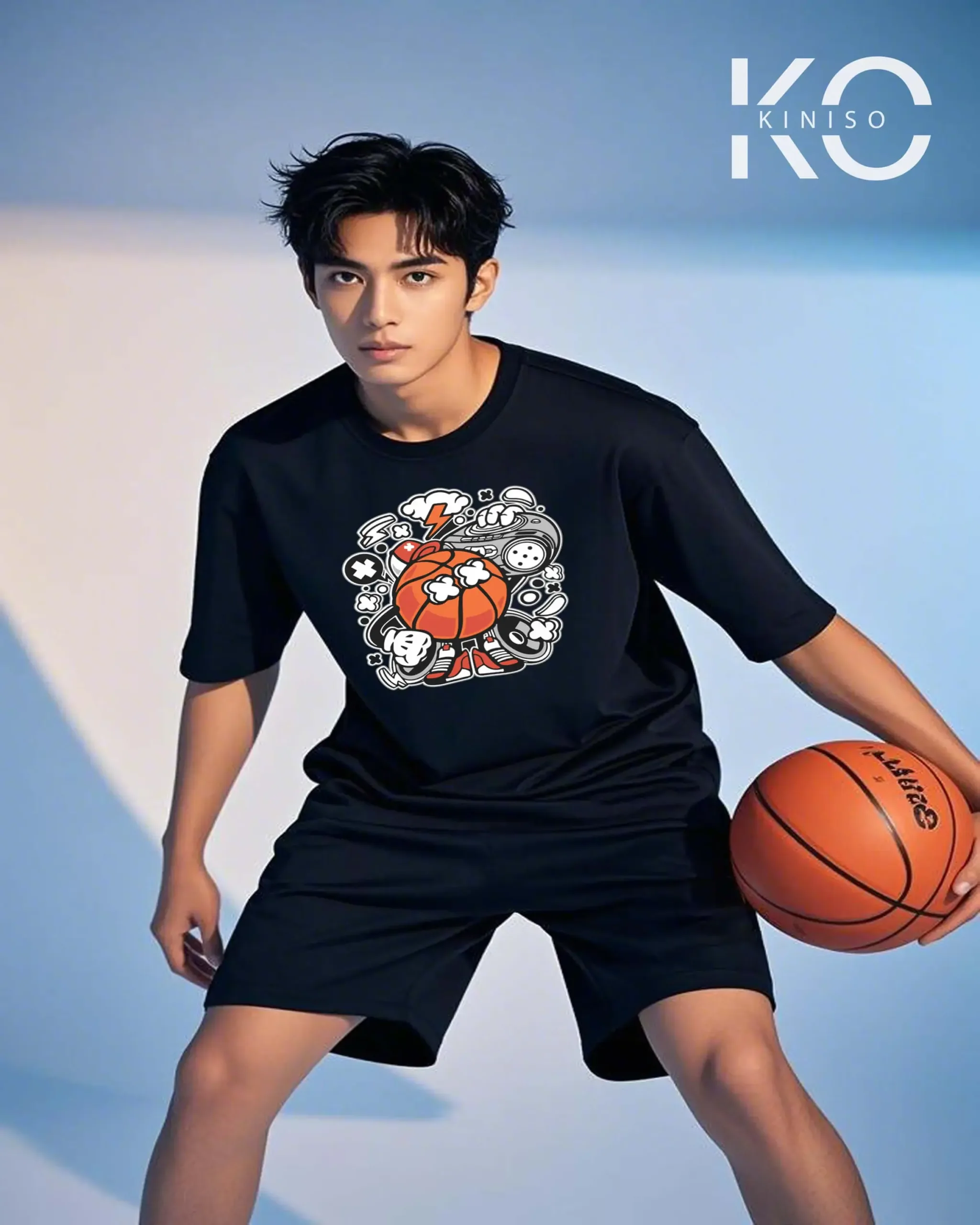 Image of Kiniso Black Color Drop Shoulder NBA Themed T-Shirt with Basketball Music Print For Basketball lovers in Bangladesh