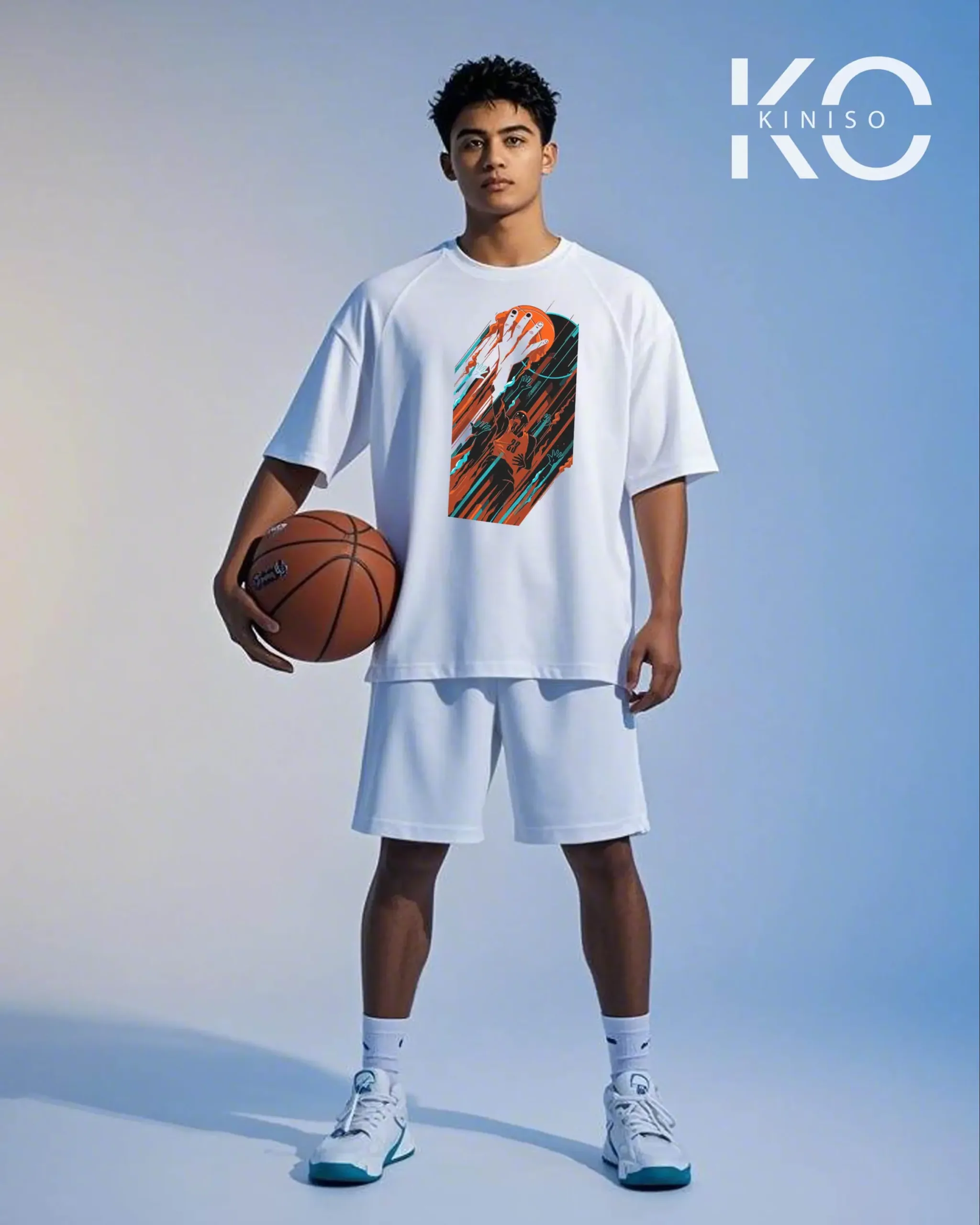 Image of Kiniso White Color Drop Shoulder NBA Themed T-Shirt with Basketball Throw Print For Basketball lovers in Bangladesh