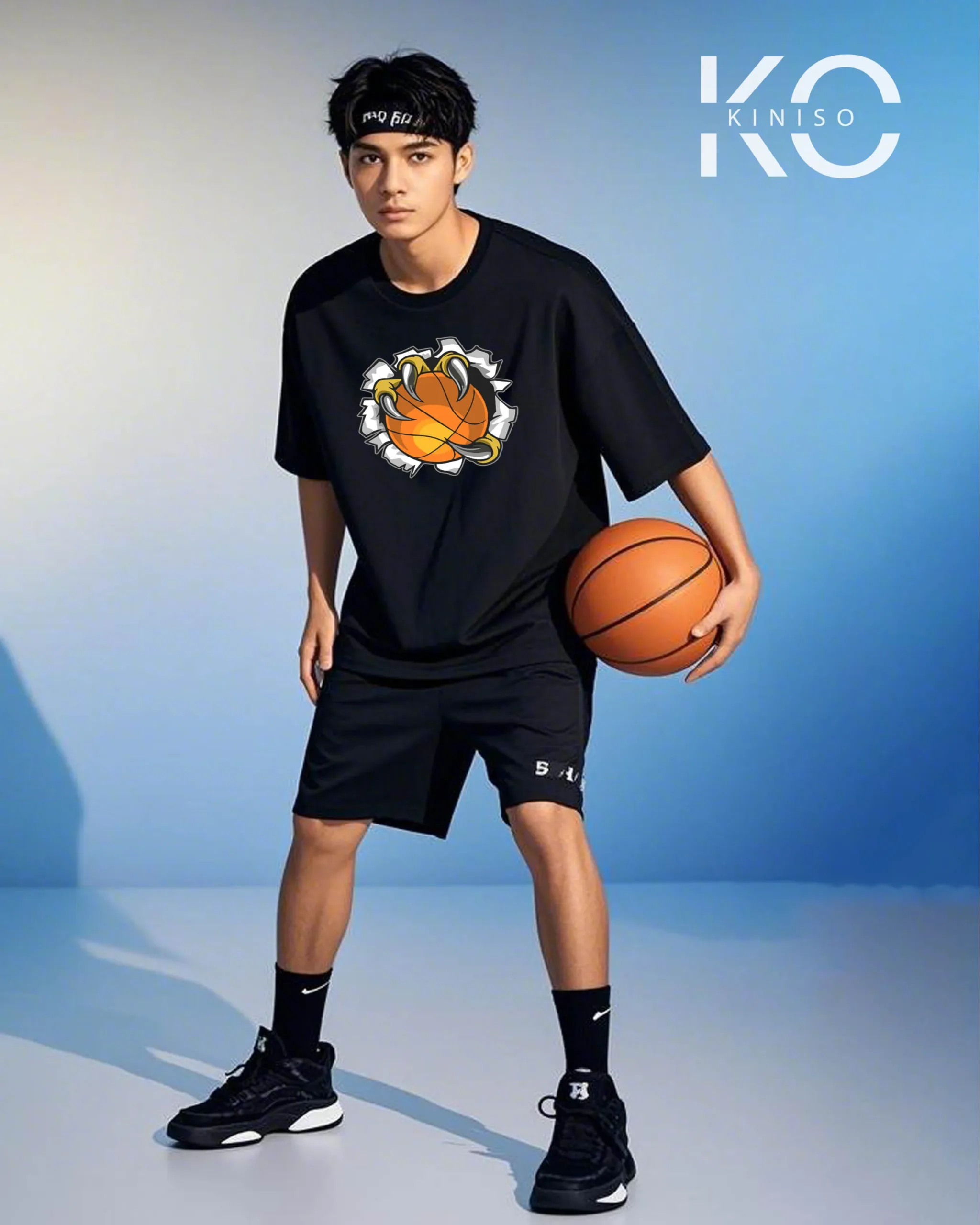 Image of Kiniso Black Color Drop Shoulder NBA Themed T-Shirt with Basketball in Claw Print For Basketball lovers in Bangladesh