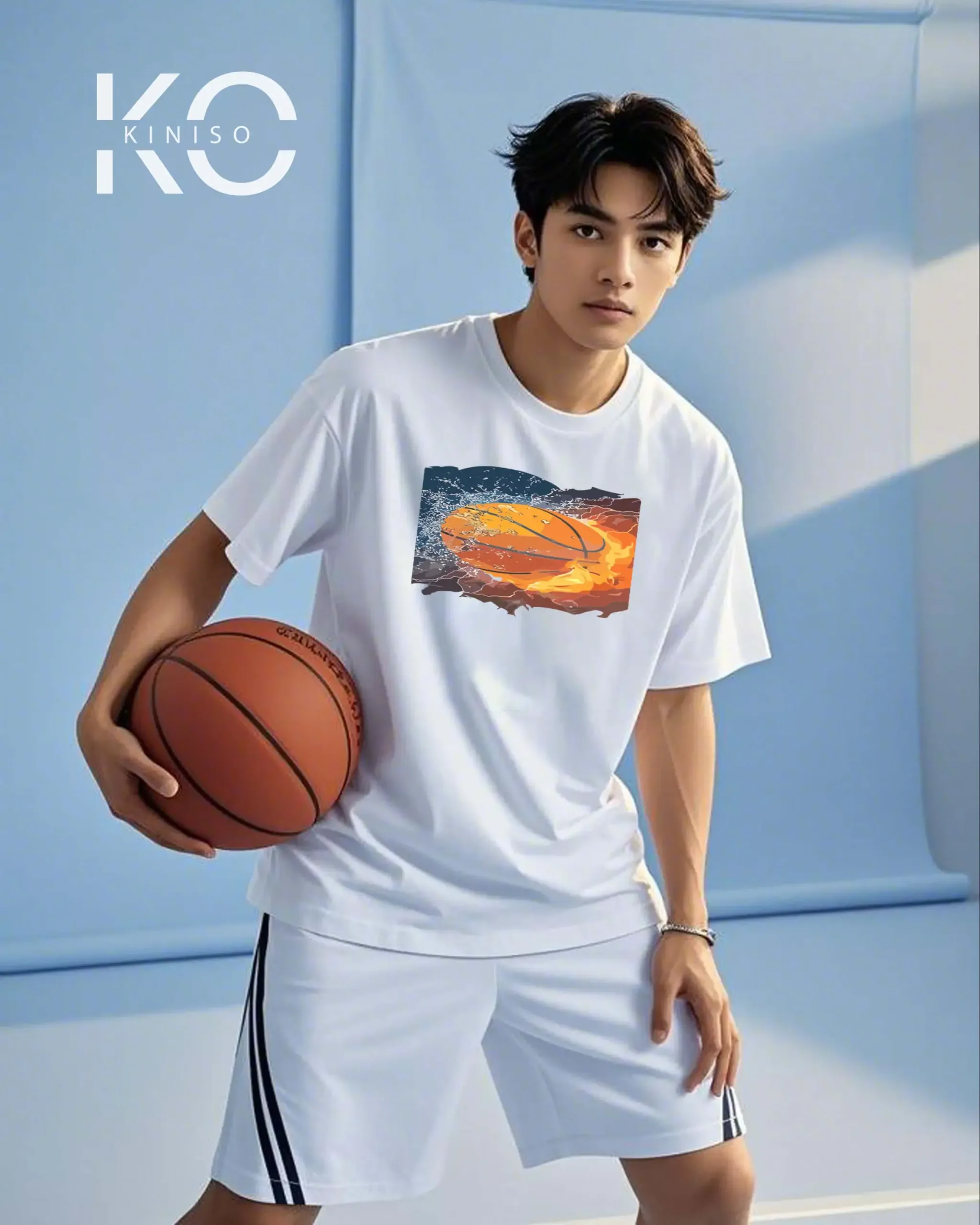 Image of Kiniso White Color Drop Shoulder NBA Themed T-Shirt with Basketball in Fire and Water Print For Basketball lovers in Bangladesh