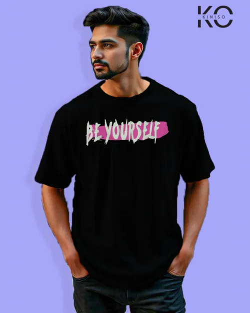 Image of Graffiti inspired design black color Drop Shoulder t-shirt with Be yourself print for hip hop lovers