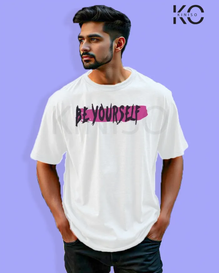 Image of Graffiti inspired design white color Drop Shoulder t-shirt with Be yourself print for hip hop lovers