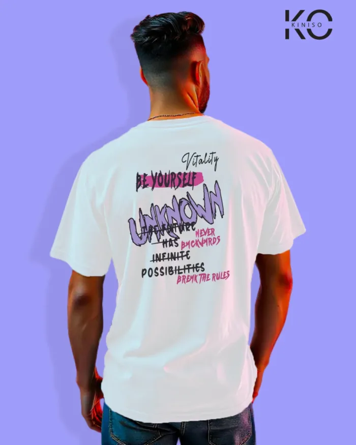 Image of Graffiti inspired design white color Drop Shoulder t-shirt with Be yourself print for hip hop lovers