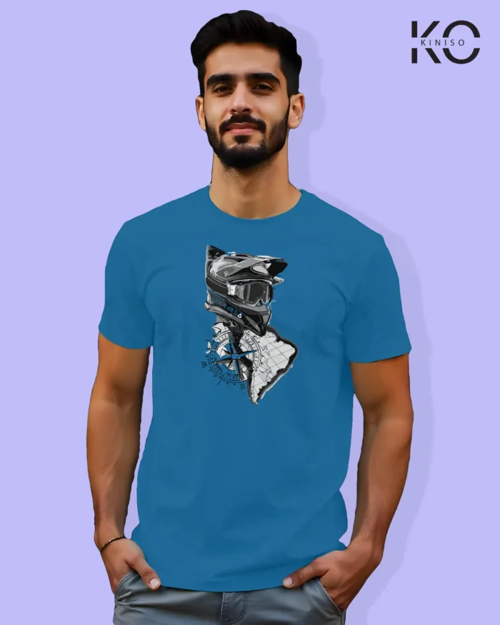 Image of Ocean Blue Color Motorcycle t-shirts featuring graphics of Bernardo for bike riders & adventure seekers