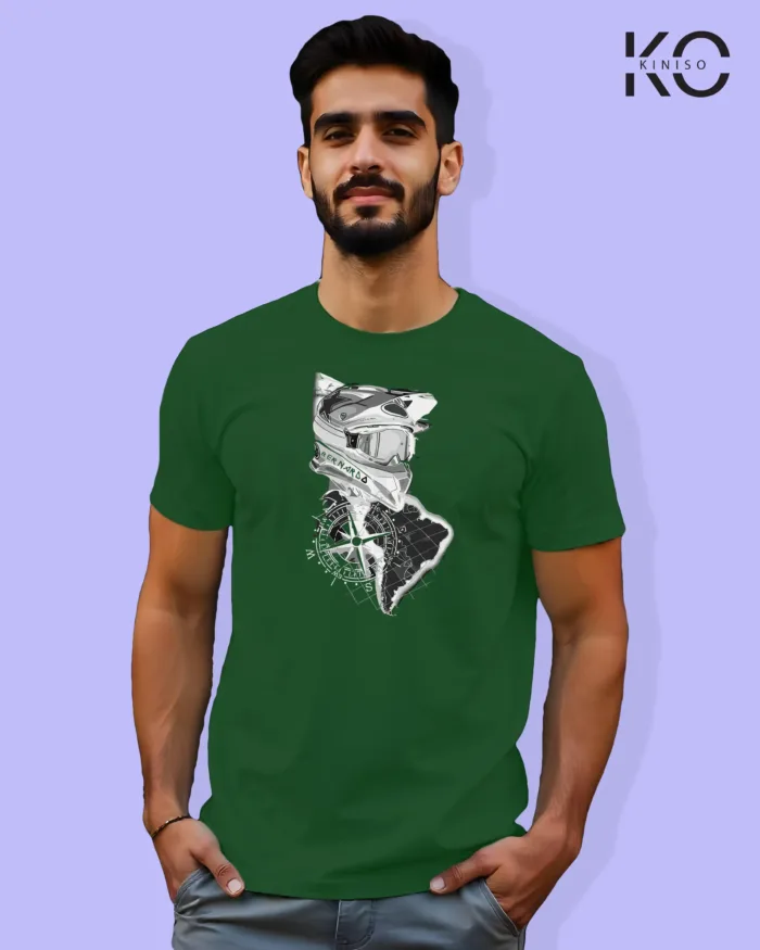 Image of Bottle Green Color Motorcycle t-shirts featuring graphics of Bernardo for bike riders & adventure seekers