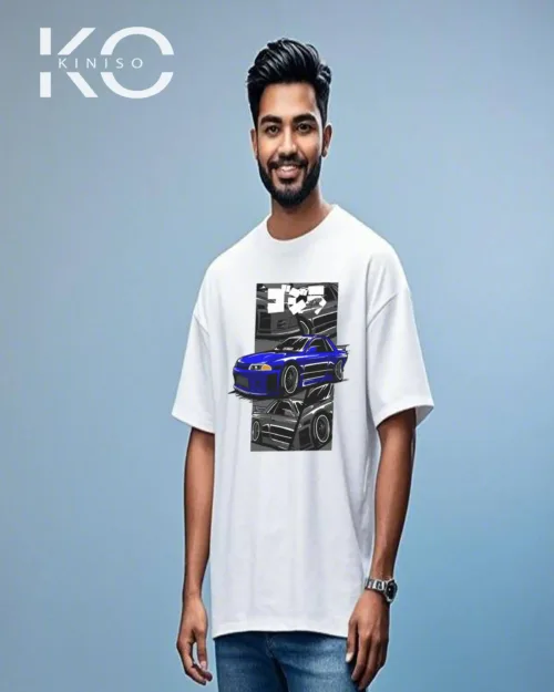 Image of Kiniso White Color Blue Racing Car Print Drop Shoulder T-Shirt for Car Lovers