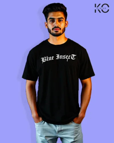 Image of Graffiti inspired design black color Drop Shoulder t-shirt with Blue insect print for hip hop lovers