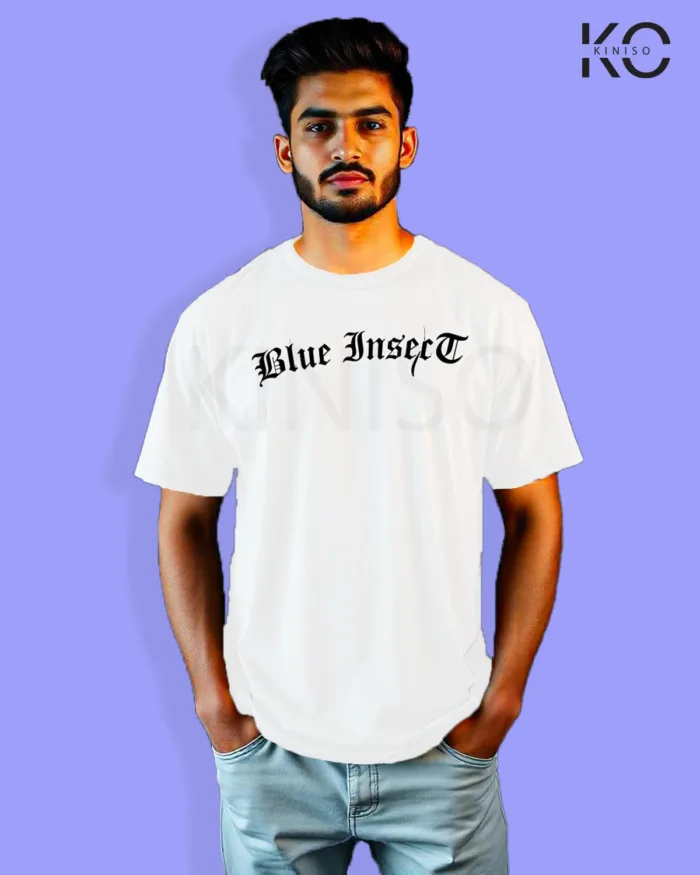 Image of Graffiti inspired design white color Drop Shoulder t-shirt with Blue insect print for hip hop lovers