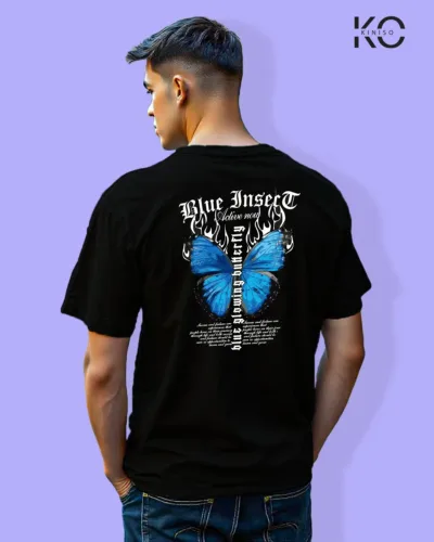 Image of Graffiti inspired design black color Drop Shoulder t-shirt with Blue insect print for hip hop lovers