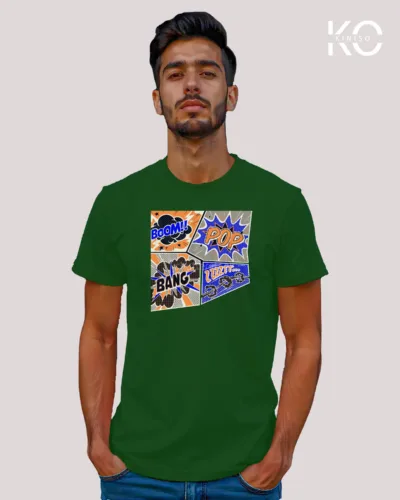 Image of Comic inspired design half sleeve t-shirt | Boom Pop Bang Bottle Green