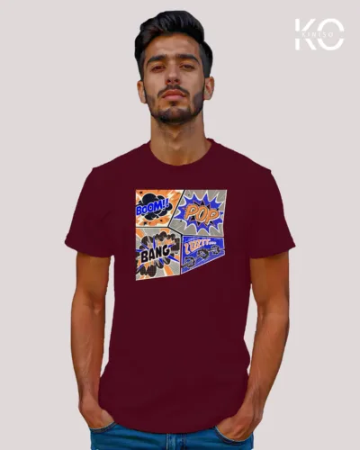 Image of Comic inspired design half sleeve t-shirt | Boom Pop Bang Maroon