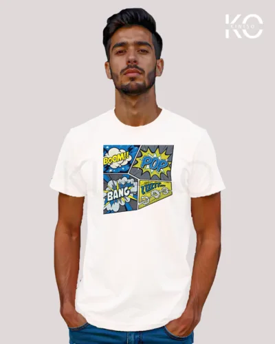 Image of Comic inspired design half sleeve t-shirt | Boom Pop Bang White