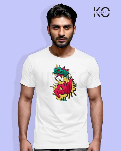 Image of Comic inspired design half sleeve t-shirt | Boom! Pow! White