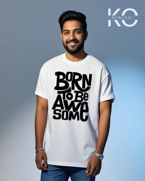 Image of Kiniso GYM themed white color drop shoulder t-shirt with Born to be Awesome printed for fitness freak Bangladeshis