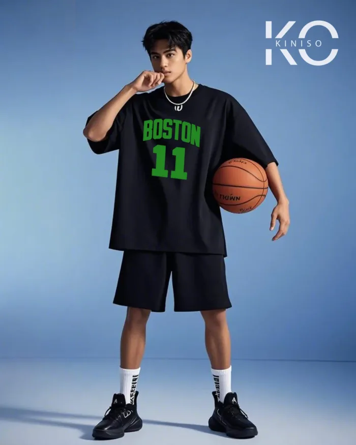 Image of Kiniso Black Color Drop Shoulder NBA Themed T-Shirt with Boston 11 Print For Basketball lovers in Bangladesh