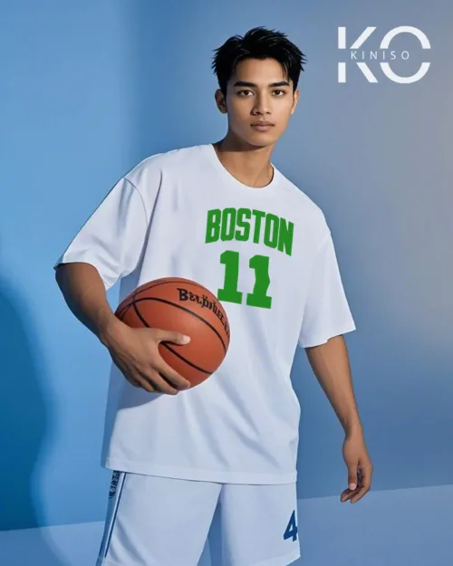 Image of Kiniso White Color Drop Shoulder NBA Themed T-Shirt with Boston 11 Print For Basketball lovers in Bangladesh