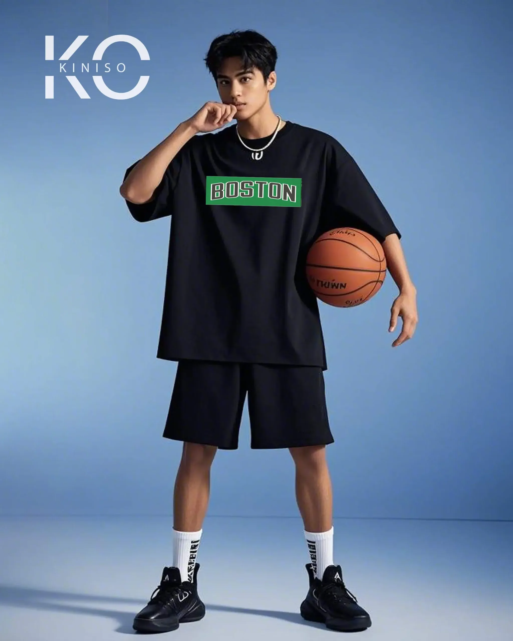 Image of Kiniso Black Color Drop Shoulder NBA Themed T-Shirt with Boston Print For Basketball lovers in Bangladesh