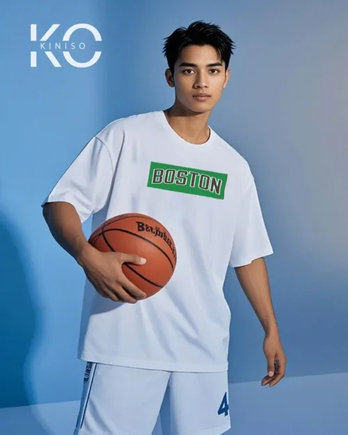 Image of Kiniso White Color Drop Shoulder NBA Themed T-Shirt with Boston Print For Basketball lovers in Bangladesh