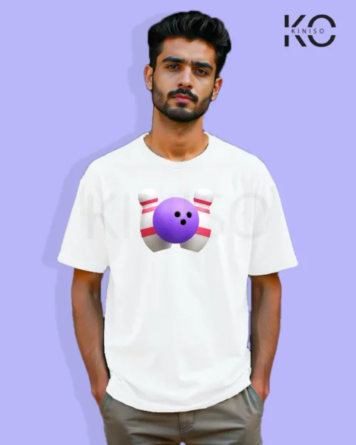 Image of Gaming inspired white color Drop Shoulder t-shirt with Bowling design for gamer in Bangladesh