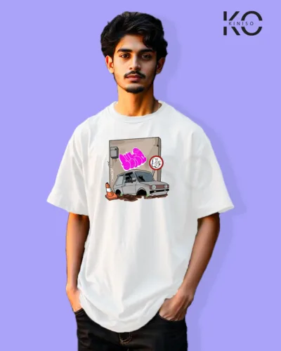 Image of Graffiti inspired design white color Drop Shoulder t-shirt with Broken Car print for hip hop lovers