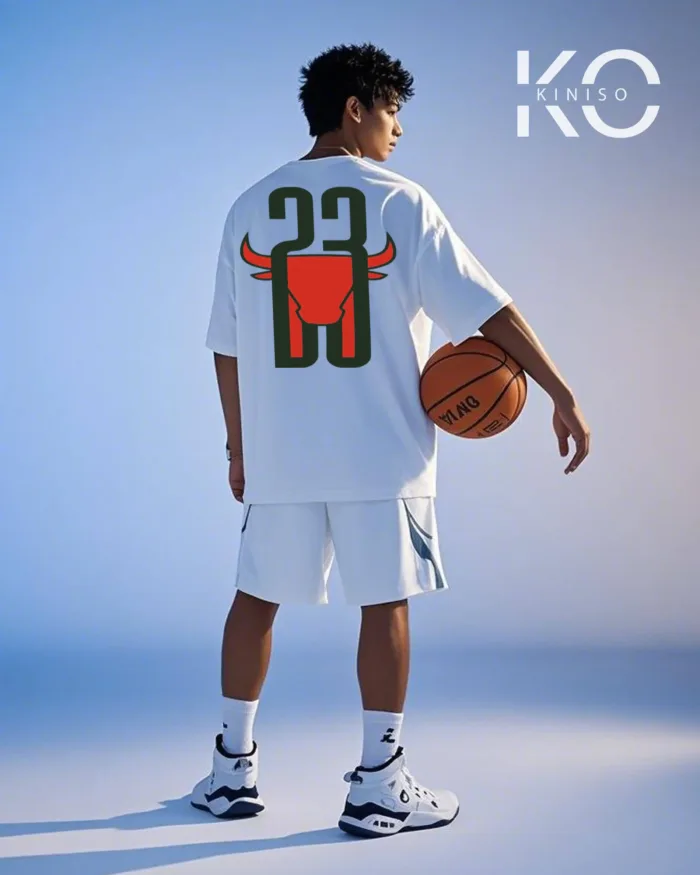 Image of Kiniso White Color Drop Shoulder NBA Themed T-Shirt with Jordan Bull 23 Print For Basketball lovers in Bangladesh