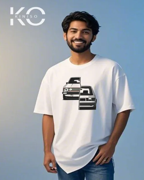 Image of Kiniso White Color Car Back and Front Print Drop Shoulder T-Shirt for Car Lovers