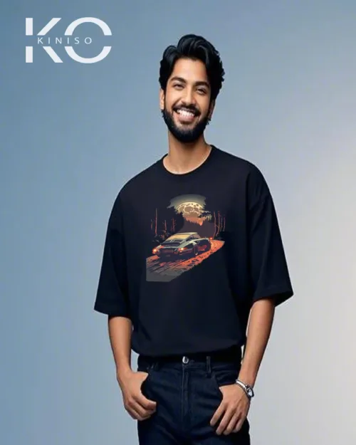 Image of Kiniso Black Color Car Riding at Night Print Drop Shoulder T-Shirt for Car Lovers