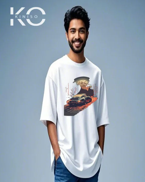 Image of Kiniso White Color Car Riding at Night Print Drop Shoulder T-Shirt for Car Lovers