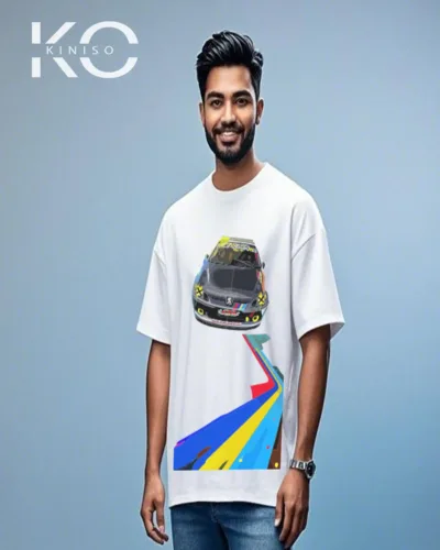 Image of Kiniso white Color Car Track Print Drop Shoulder T-Shirt for Car Lovers