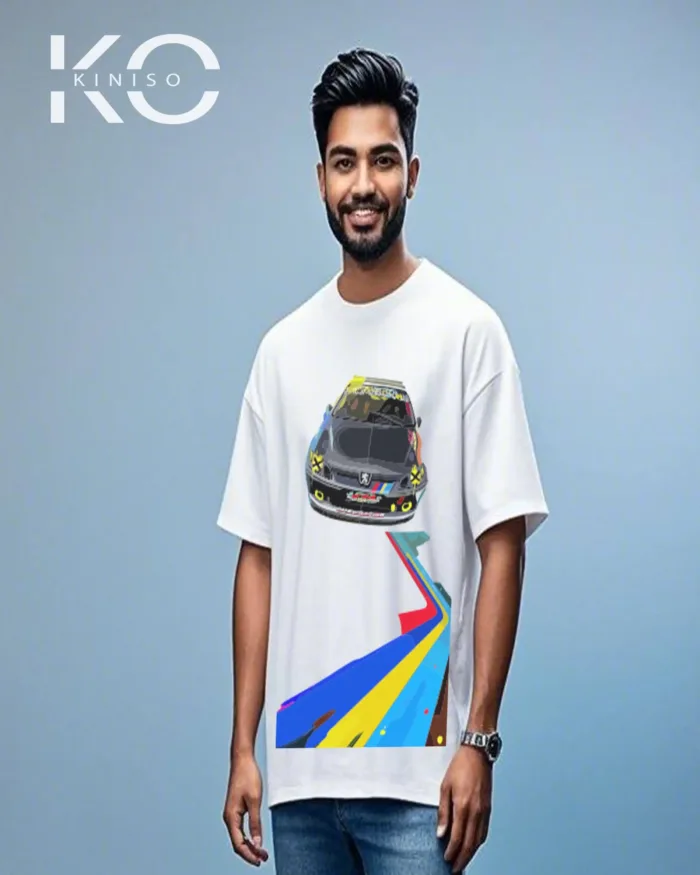 Image of Kiniso white Color Car Track Print Drop Shoulder T-Shirt for Car Lovers