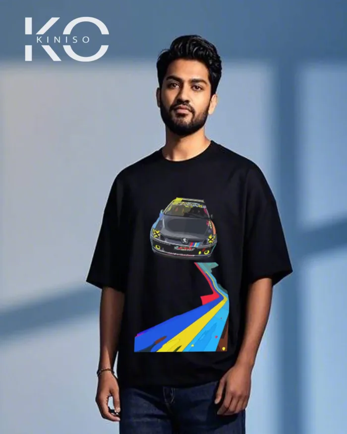 Image of Kiniso Black Color Car Track Print Drop Shoulder T-Shirt for Car Lovers