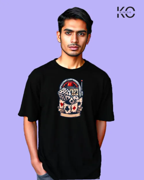 Image of Gaming inspired black color Drop Shoulder t-shirt with Casino Games design for gamer in Bangladesh