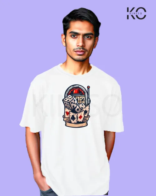 Image of Gaming inspired white color Drop Shoulder t-shirt with Casino Games design for gamer in Bangladesh